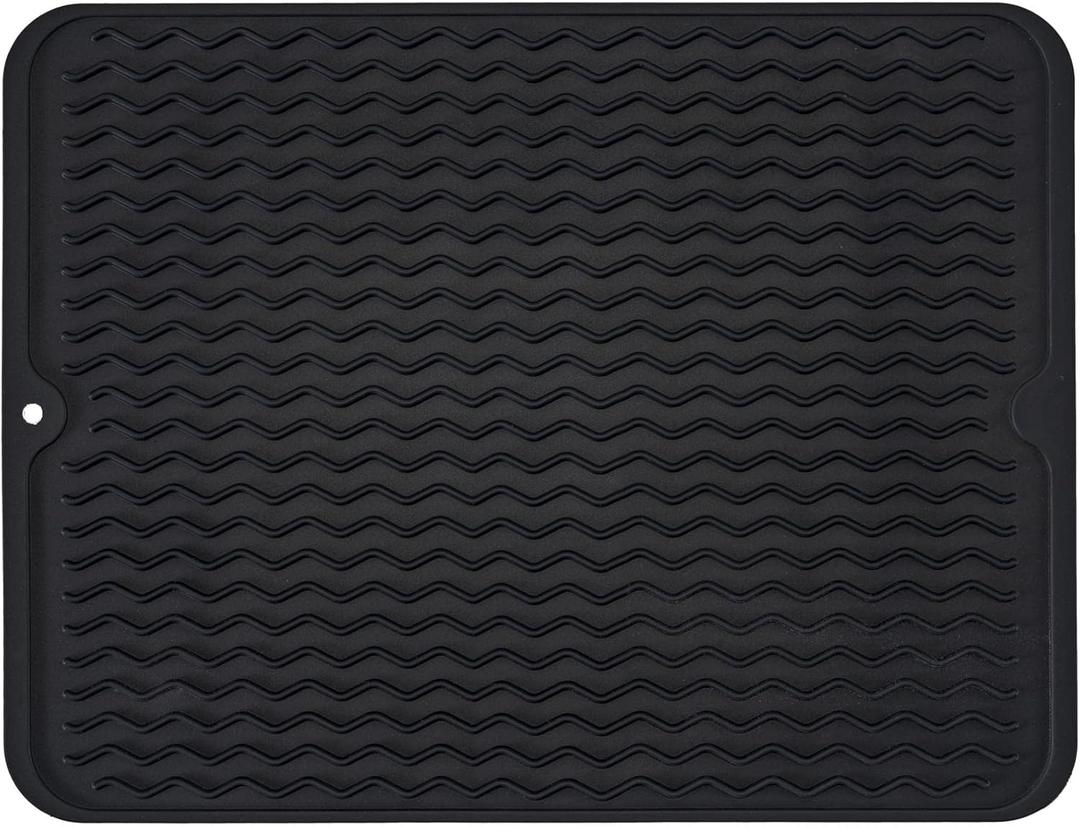Large 24" x 18" Silicone Dish Drying Mat for Kitchen Counter, Easy clean, Quick Dry, Heat-resistant Dish Drainer Mat for Sink, Refrigerator or Drawer liner (Food Grade Silicone-Black)