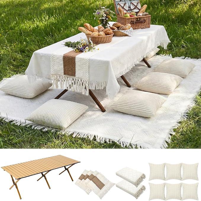 Novabright Picnic Kit Folding Picnic Table Extra Large Outdoor Boho Blanket Beige Table Runner Floor Pillow Covers Woven Cotton Oversize Washable for Camp Wedding (Cream White,Pillow Covers,10 Pcs)