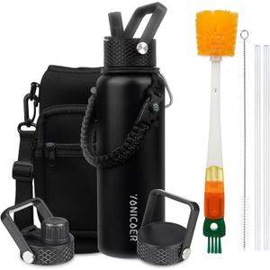 Insulated Water Bottle 40oz,Triple Wall Vacuum Stainless Steel(Dishwasher Safe),Leak Proof & Non-BPA,Flask Jug with Paracord Handle & Straw Spout Lids Sports, Black