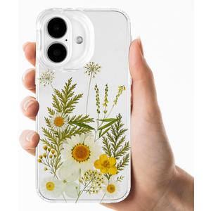 Compatible with iPhone 16 Clear Case Floral, Trendy Cute White Chrysanthemum Flowers Girly Anti-Yellowing TPU Shockproof Aesthetic Protective Phone Case Cover for Women Girls 6.1"