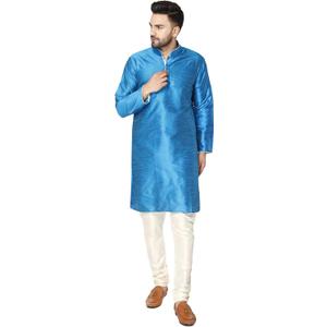 SKAVIJ Men's Art Silk Contrast Kurta Pyjama Set Woven Design 2-Piece Festive Ethnic Dress (Turquoise, Small)