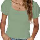 LYANER Women's Square Neck Shirred Eyelet Embroidered Puff Short Sleeve Ruffle Trim Blouse Crop Top (Green, L)