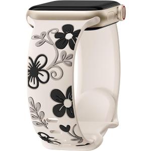 Witzon Floral Band Compatible with Apple Watch Bands For Women 40mm 41mm 38mm 42mm 44mm 45mm 46mm 49mm, Engraved Cute Flower Silicone Inlay Dressy Strap for iWatch Series 10 9 8 7 6 5 4 3 2 SE Ultra (Pack of 1, Starlight Black)