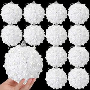 Riceshoot 12 Pcs 6 Inch Large Christmas Balls Ornaments for Tree with Peal Sparkle Sequin Big Glitter Christmas Tree Decor Xmas Shatterproof Hanging Balls for Xmas Holiday Party Supplies(White)