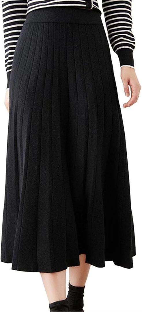 Beralst Women's Pleated Knit Sweater Midi Skirts (Medium, Black)