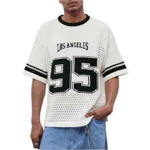 WDIRARA Men's Number Letter Graphic Sweater Crewneck Half Sleeve Pullovers Knit Top (Medium, Black and White)
