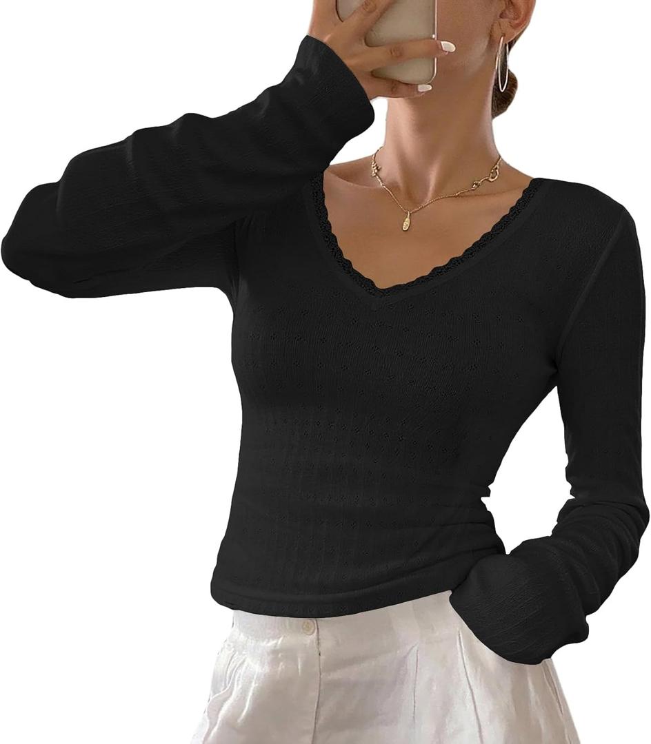 BAIGRAM Women Cute Y2K Lace Pointelle Crop Tops Long Sleeve V Neck Slim Fit Tee Shirt Grunge Minimalist Fall Going Out Lounge (Medium, Black)