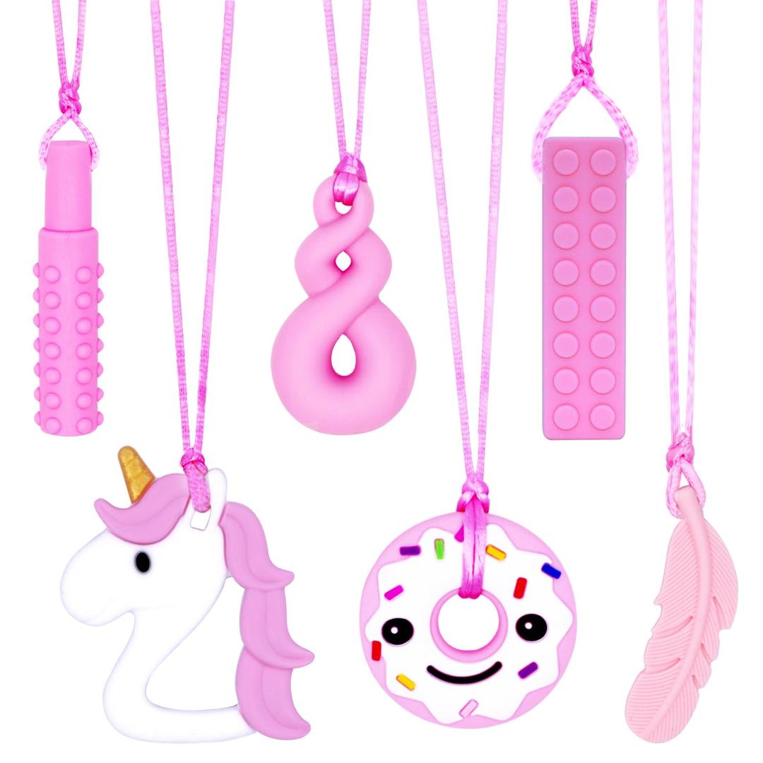 Chew Necklaces for Sensory Girls, Chewy Necklace Sensory Toys for Kids with Autism, ADHD,SPD, Chewing, Teething or Special Needs, Oral Sensory Chew Toys for Kids Adult Reduce Anxiety Fidgeting (Pink)