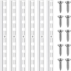 6 Pcs Dual Track Upright Wall Shelving System Heavy Duty Support System Twin Slot Shelf Rail Shelf Standards for Pantries Linen Closets Laundry Rooms(White,47.5 Inch)