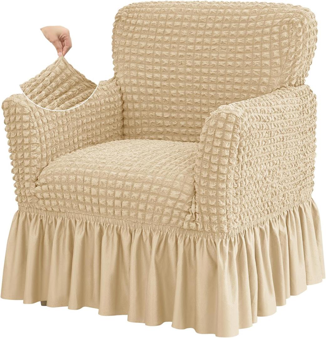 Stretch Seersucker Armchair Slipcovers with Skirt, 1-Piece Chair Cover with Arms, Soft Stretch Accent Chair Slipcovers, Non-Slip Washable Furniture Protector for Living Room Decor (Dark Beige)