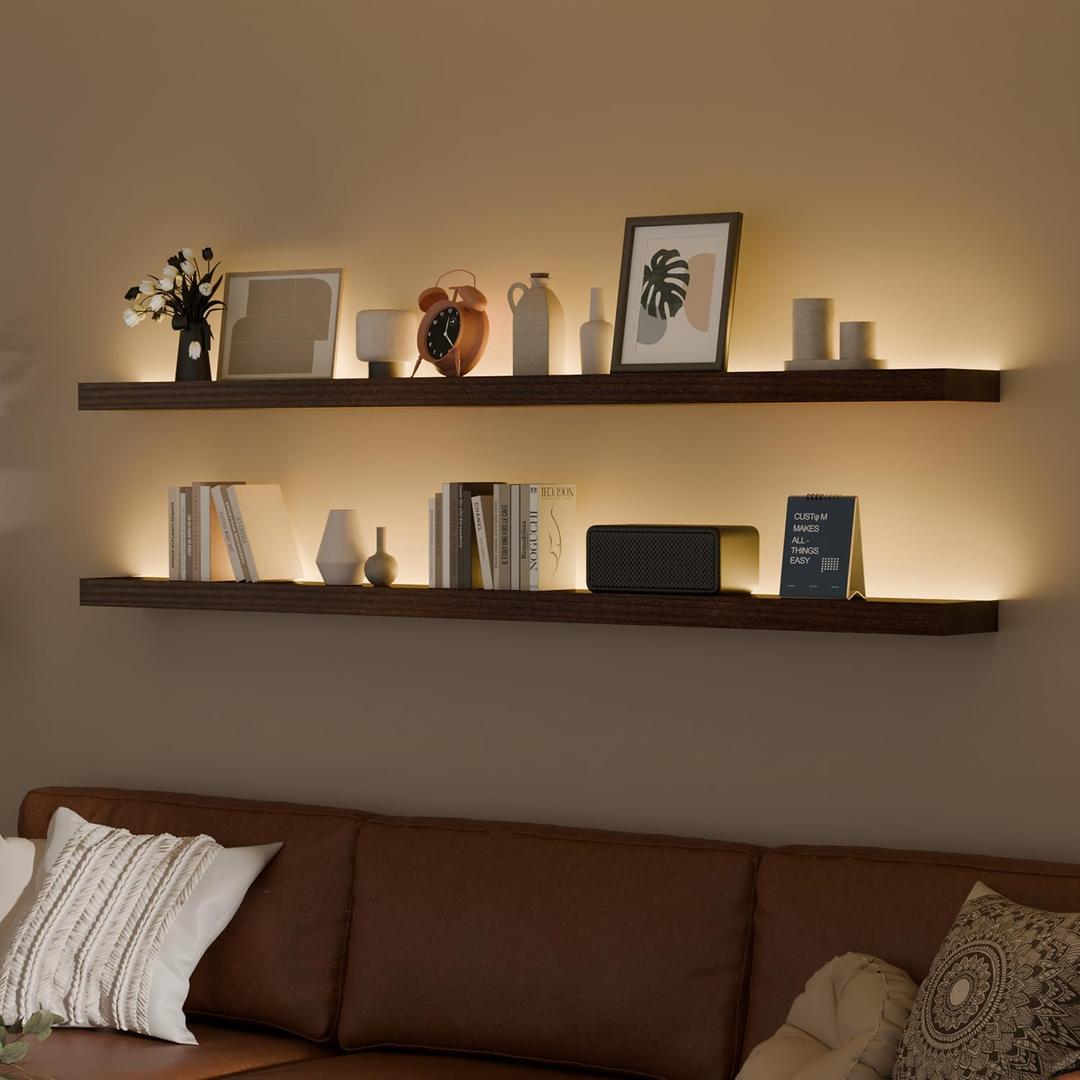 60 inch LED Gaming Floating Shelves for Wall,Solid Wood Long Wall Shelves Set of 2 with Light for Gaming Room,Walnut Rustic Wall Mounted Shelves for Living Room Bedroom Kitchen Garage