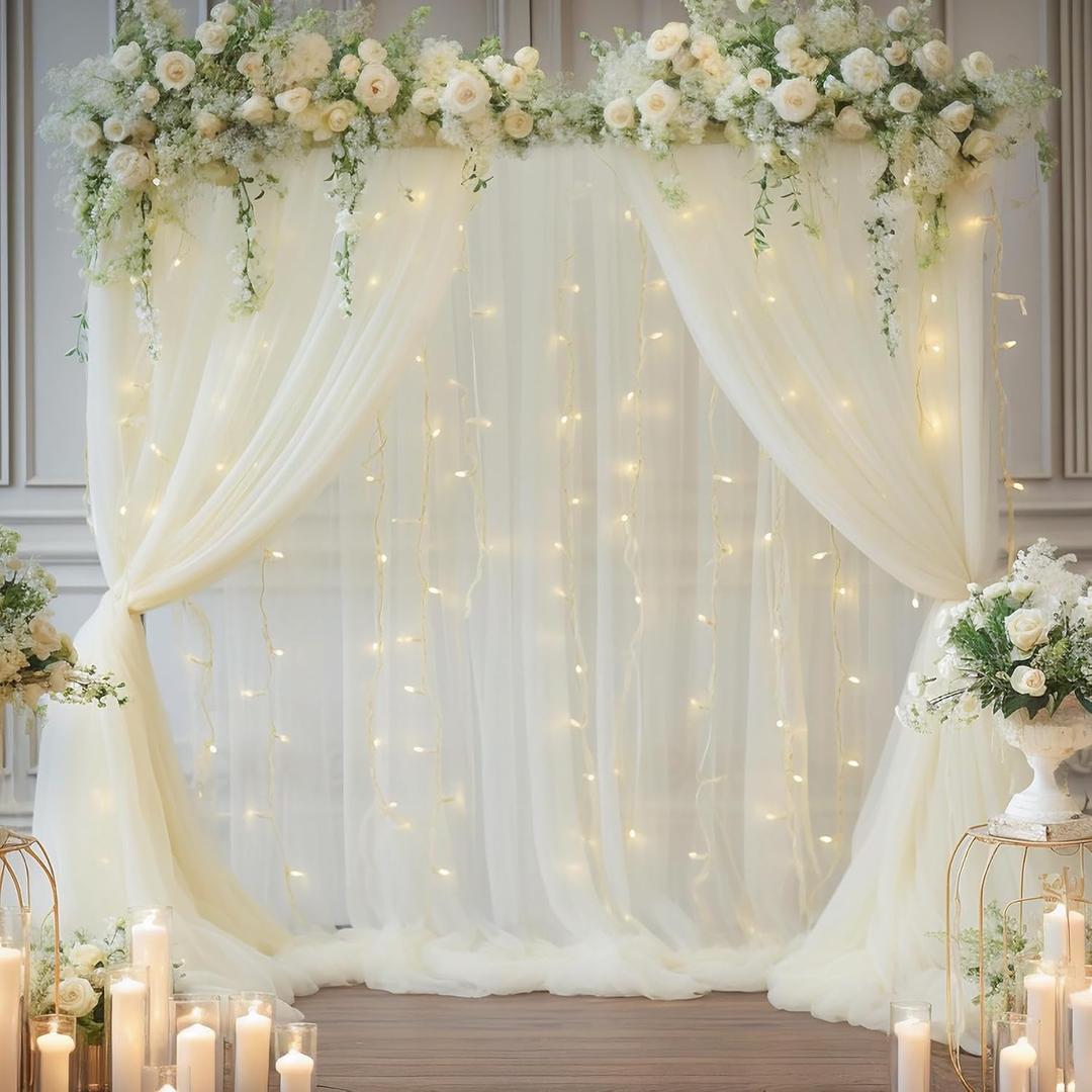 30x10ft Ivory Tulle Backdrop Curtain with Lights String for Parites, Sheer Photo Backdrop Curtains with lights for Wedding Backdrop Ceremony Reception Bridal Shower Baby Shower Birthday Party (6 Panels(5*10FT))
