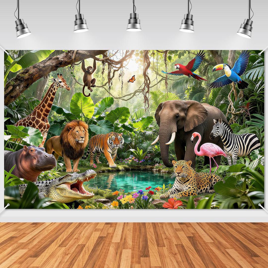 Avezano Jungle Backdrop Jungle Party Decorations Rainforest Animals Banner Wildlife Safari Backdrop Photography (6 x 3.6 ft)