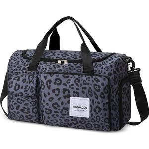 WOOMADA Foldable Travel Duffel Bag with Shoes Compartment, Overnight Bag with Wet Pocket & Trolley Sleeve, Weekender Bags for Women(B-black Leopard)