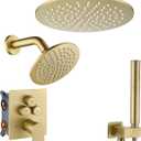 Rain Shower System, Push Button Diverter Shower Faucet Set with 2 in 1 Handheld Spray, Wall Mount Shower, Ceiling Mount Shower Head 3-Function Rainfall Shower System-Brushed Gold