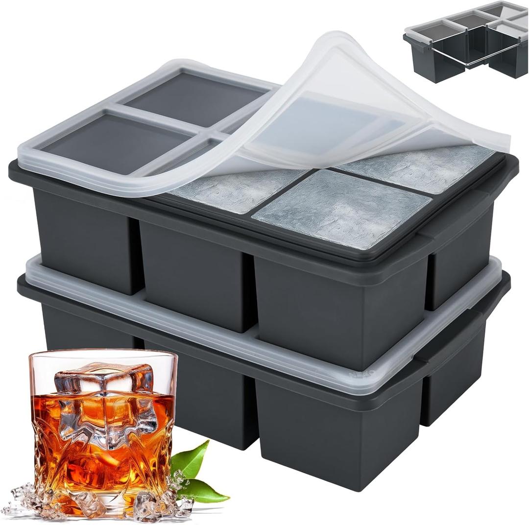Large Ice Cube Trays for Whiskey, Silicone Ice Cube Tray, with Reinforced Steel Ring Top, Makes 8 perfect 2-in ice cubes, Square Ice Tray for Cocktails, Whiskey, Coffee, (2 Pack)