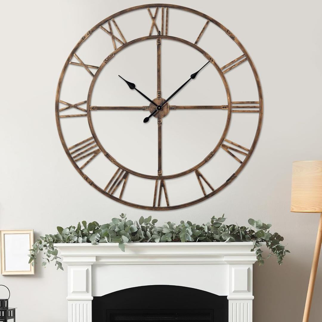 Large Wall Clock for Living Room Decor  48 Inch Knocked-Down (KD) Silent Non-Ticking Modern Farmhouse Wall Clock, Oversized Decorative Metal Roman Numeral Clock, Bronze