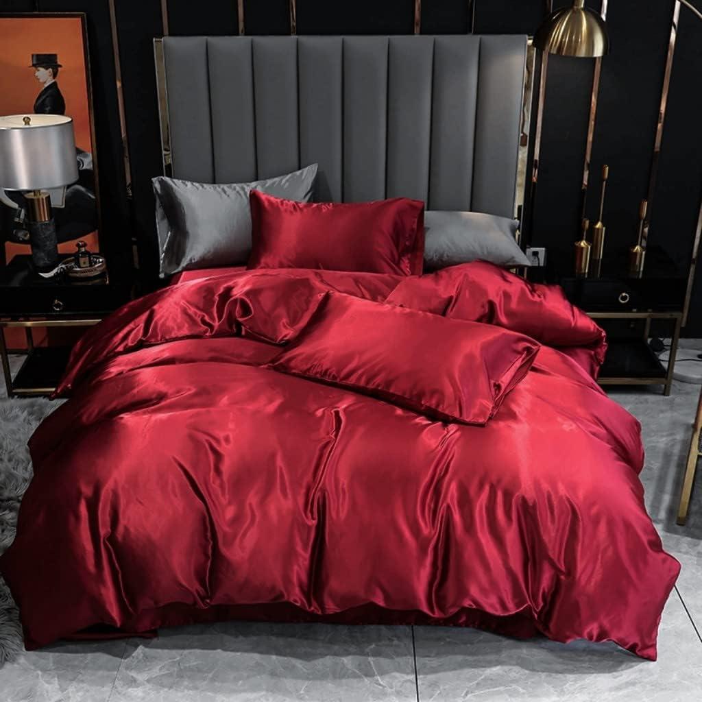 Satin Bedding Set Full Wine Red Silk Like Satin Duvet Cover Set Luxury Soft Burgundy Comforter Cover Adults Bedroom Decor Chic Luxurious Silky Bedspread Cover Zipper (1 Duvet Cover + 2 Pillow Case) (Multi 04)