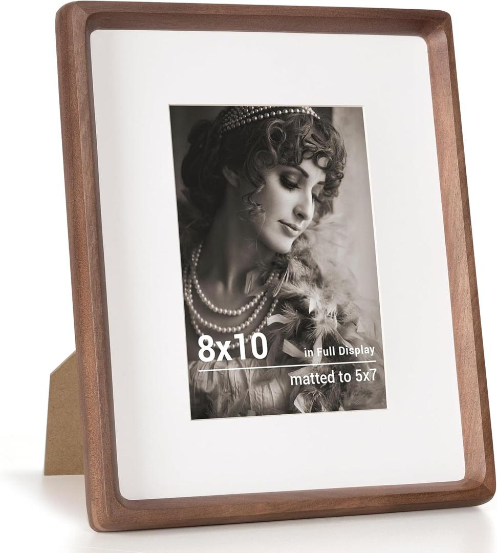 Fun Memories 8x10 Picture Frame, USA-Sourced Walnut Wood Photo Frames with HD Tempered Glass, Handcrafted Rounded Corner 8 x 10 Wooden Frames Matted to 5x7 Photos, 8x10 Frame, Tabletop or Wall Display