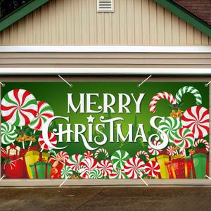 gisgfim Christmas Candy Garage Door Cover Merry Christmas Banner Decorations Large Xmas Holiday Garage Door Banner Backdrop Peppermint Round Lollipop Background Sign for Outdoor Indoor 6x13ft