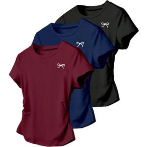 OYOANGLE Girl's 3 Piece Bow Graphic Short Sleeve Cute Shirts Set Ruched Slim Fitted Tee Tops Blouses (Black Blue Burgundy) S