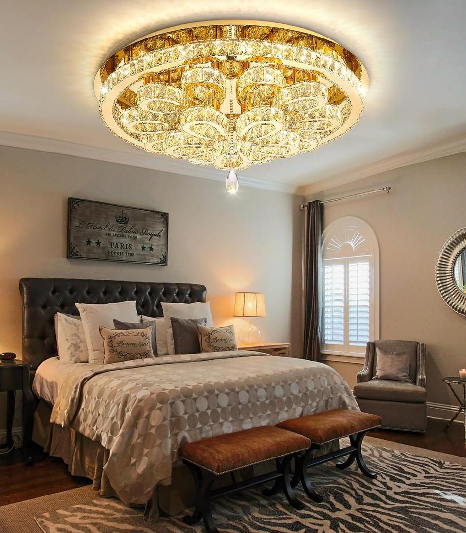 Modern Chandeliers for Living Room Crystal Chandelier Ceiling Light Fixture LED Dimmable with Remote Pendant Lighting Flush Mount Lighting for Dining Room Bedroom Gold (32'')
