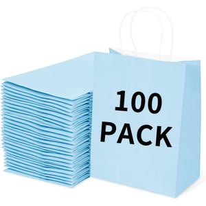 BAG BOX 100 Pack Small 5.9x3.1x8.25Inch Blue Kraft Paper Gift Bags with Handles for Bulk Shopping, Retail, Craft, Party Favors, Wedding, Grocery & Sacks
