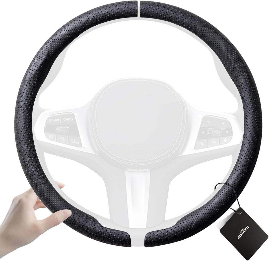Aimato Car Steering Wheel Cover 2 Piece Non-Slip Clip on Microfiber Leather Steering Wheel Cover,Ultra-Thin Breathable,Universal Fit 14.5"-15" Wheel,Black