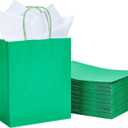 DjinnGlory 50 Pack Medium Size 10''x8''x4'' Green Paper Bags with Handles Bulk and 50 White Tissue Paper for Boutiques, Party Favors Treats Goodies, Christmas Gifts