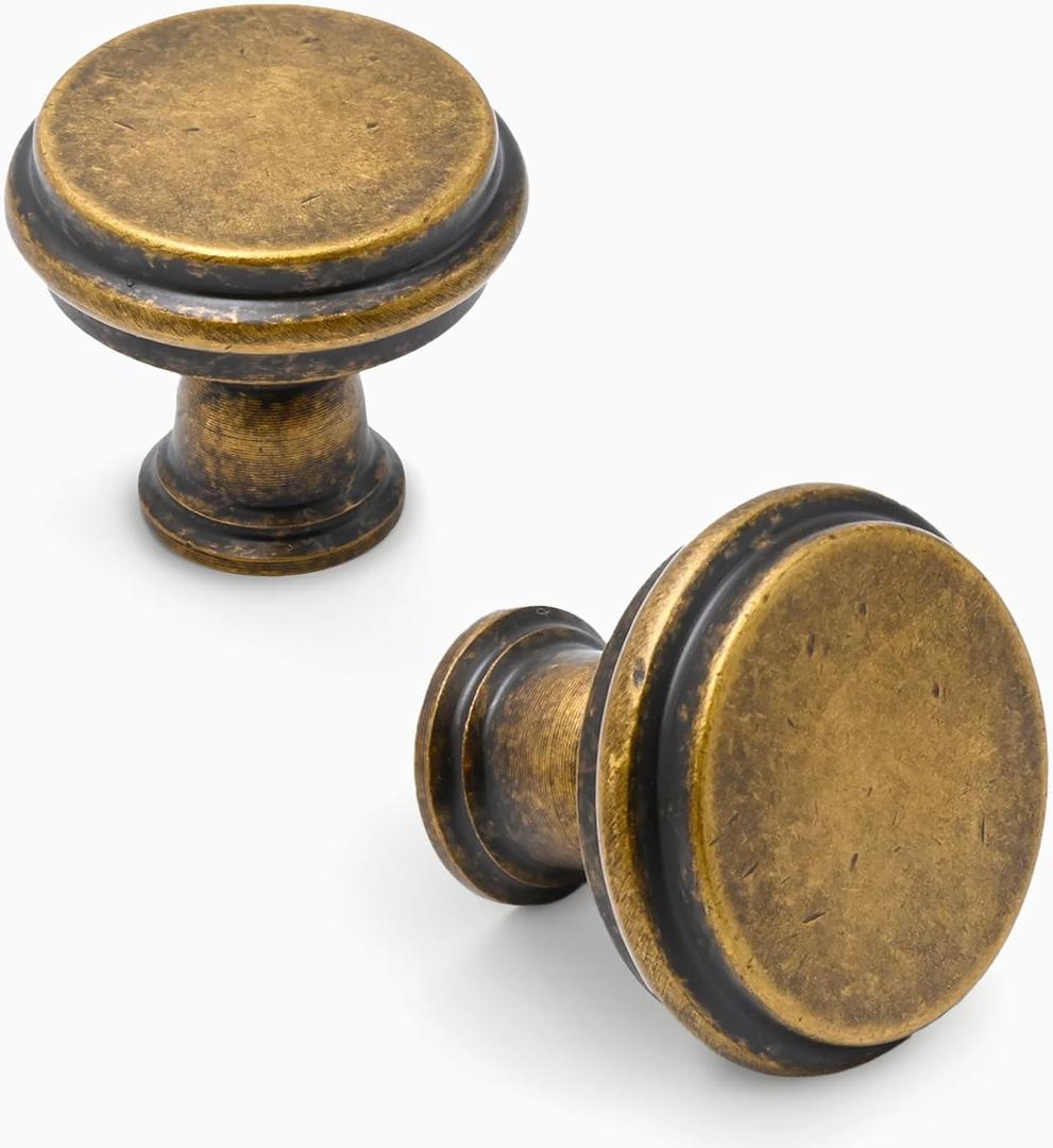 Asidrama 10 Pack Brushed Antique Brass Kitchen Cabinet Knobs Cabinet Hardware Zinc Knobs for Dresser Drawers (Single Hole Knob)