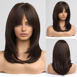 Alanhair Dark Brown Wigs for Women,HAIRCUBE Shoulder-Length Layered Wigs with Bangs Heat Resistant Synthetic Fibre Wigs