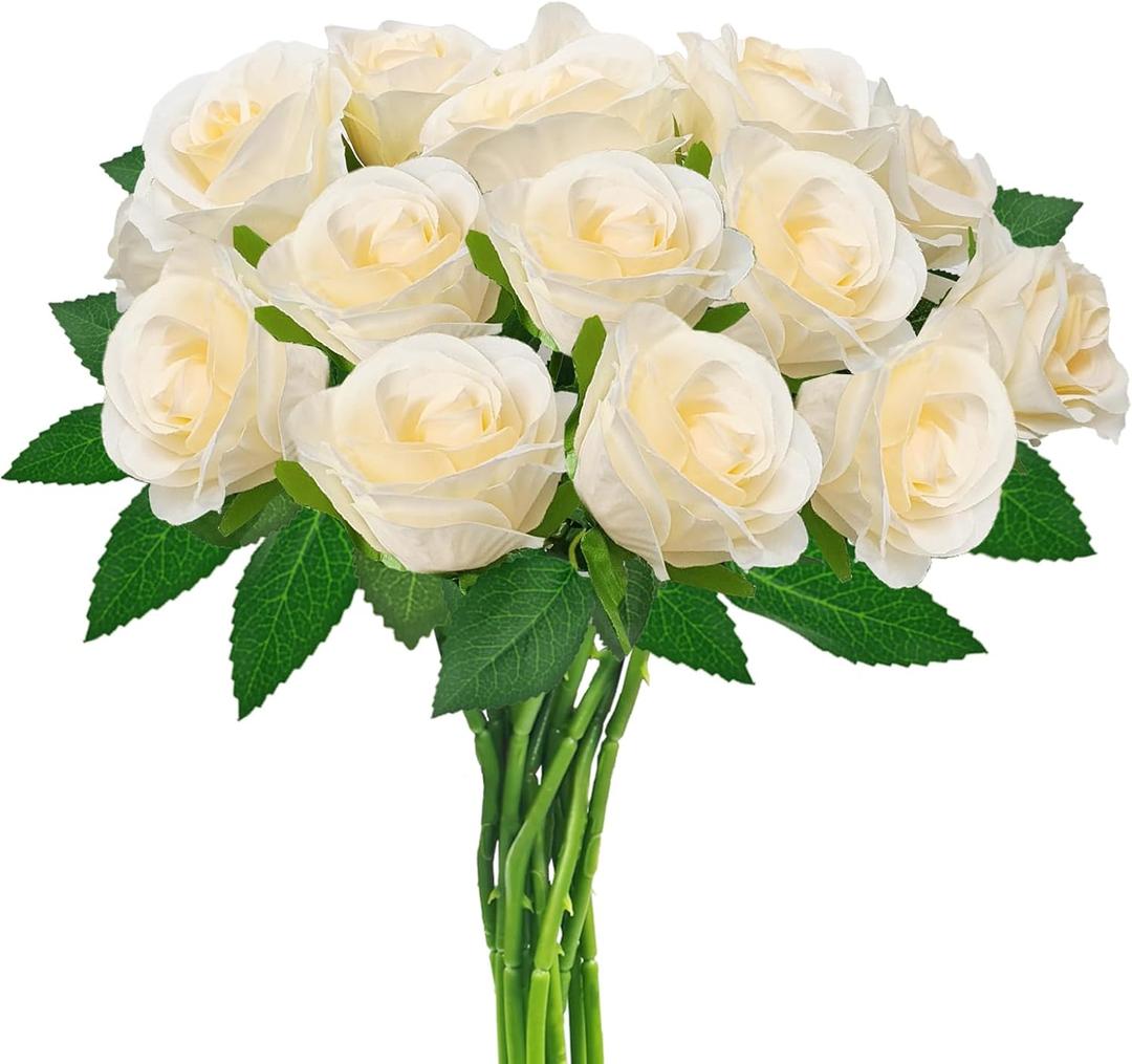 hailanbao Champagne Artificial Roses with Long Stems, 12Pcs Realistic Roses Artificial Flowers, Faux Roses | Bulk Fake Flowers for Home Decor, Wedding Party Table Centerpieces, DIY Bouquet