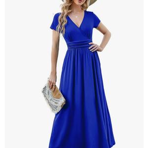 ANRILITA Maxi Dress for Women Wrap V Neck Short Sleeve Empire Pleated Waist Summer Casual Elegant Long Dresses with Pockets, S