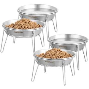 Wellbro Cat Food Bowls, 4 Pcs Stainless Steel Cats Food and Water Whisker Fatigue Shallow Dishes, Small Dog Puppies Fat Faced Cat Kitten Supplies (4 Pack Raised Bowls)