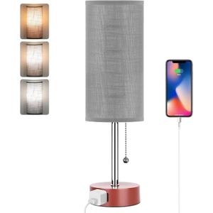 Dott Arts Table Lamp for Bedroom, 3-Color Bedside Lamps with Pull Chain, Bedroom Table Lamps for Nightstand,AC Outlet Small Lamp for Living Room, Bulb Included Grey Striped (15 in)