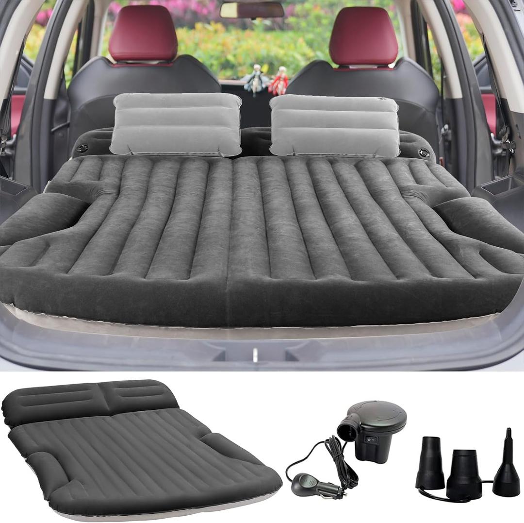KMZ SUV Air Mattress Thickened and Double-Sided Flocking Travel Camping Bed with 2 Pillows & Electric Pump Dedicated Mobile Cushion Inflatable Bed for SUV Trunk and Rear Seat (Dark Gray), Full