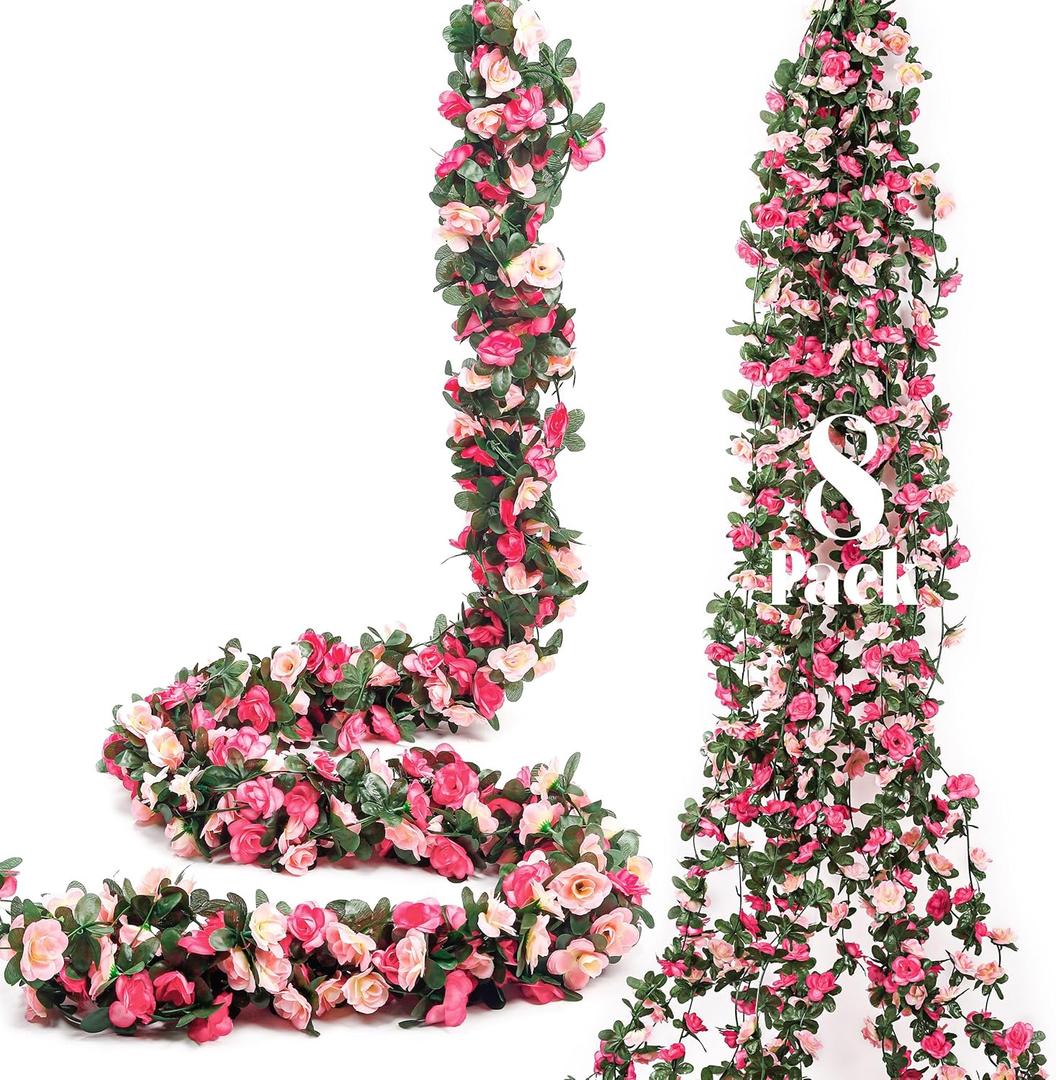 Miracliy 8Pcs 66FT Pink Flower Garland, Artificial Rose Floral Vines Fake Hanging Spring Flower Garland for Wall Backdrop Wedding Arch Tea Party Door Mantle Decoration Miracliy 8Pcs 66FT Pink Flower Garland, Artificial Rose Floral Vines Fake Hanging Spring Flower Garland for Wall Backdrop Wedding Arch Tea Party Door Mantle Decoration