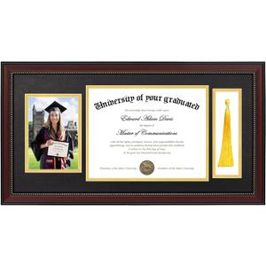 upsimples 11x22 Diploma Frame with Tassel Holder for 8.5x11 Certificate and 5x7 Photo with Black over Gold Mat, High Definition Glass, Mahogany with Gold Beads, 1 Pack