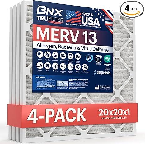 BNX TruFilter 20x20x1 MERV 13 (4-Pack) AC Furnace Air Filter - MADE IN USA - Electrostatic Pleated Air Conditioner HVAC AC Furnace Filters - Removes Pollen, Mold, Bacteria, Smoke
