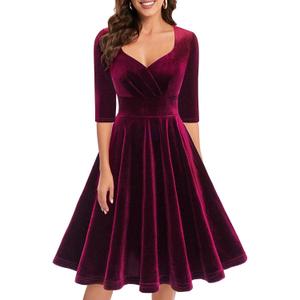 Bbonlinedress Womens Velvet Long Sleeve Formal Wedding Guest Vintage Cocktail Holiday Party Midi Dress (Large)