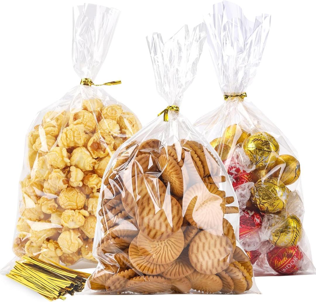 LOKIQNG Valentines Gifts Cellophane Bags Plastic Gift Bag Clear Cookie Treat Bags with Twist Ties for Party Favor Bag(100PACK,6x10inch)