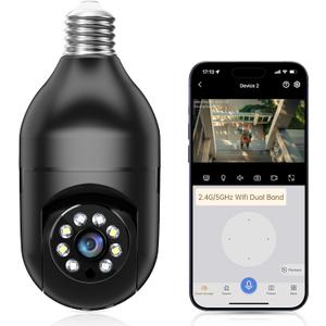 WESECUU Light Bulb Security Camera -5G& 2.4GHz WiFi 2K Security Cameras Wireless Outdoor Motion Detection and Alarm,Two-Way Talk,Color Night Vision,Human Detection, Bulb Camera Compatible with Alexa (1-Pack, Black)