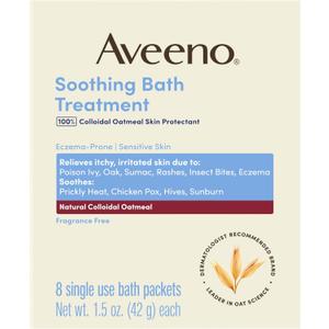Aveeno Soothing Bath Treatment with 100% Colloidal Oatmeal Skin Protectant for Sensitive & Eczema-Prone Skin, Fragrance-Free Bath Soak Relieves Itchy, Irritated Skin, Individual Packets, 8 ct