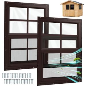 2 Pack Shed Window, 12" W x 18" H Flush Mount Window with Tempered Glass for Sheds, Chicken Coops, Garage and Playhouse (Brown)