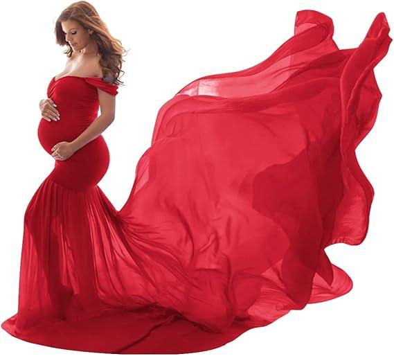 Women Maternity Dress for Photography Mermaid Off Shoulder Elegant Fitted Chiffon Gown Baby Shower Pregnancy Maxi Dresses for Photoshoot Ruched V Neck Long Slim Fit Wedding Photo Props Dress Burgundy One Size
