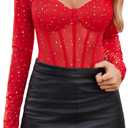 Avidlove Women Long Sleeve Bodysuit Sparkle Body Suits Top Mesh One Piece Leotard Shirt Going Out Tops Fall Outfits S-XXL (Red, L)