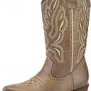 mysoft Women's Western Cowboy Boots Embroidered Mid-Calf Pointed Toe Cowgirl Boot (7.5, Light Brown)