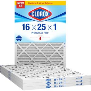 Clorox 16x25x1 Air Filter, MERV 13 Pleated HVAC AC Furnace Air Filters, MPR 1500 & FPR 10 – Pack of 4