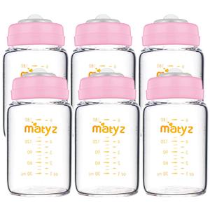 Matyz Glass Breastmilk Storage Containers, 6 Pack, 6 oz Bottle, Compatible with Spectra Medela Philips Pump - Freezer Safe Storage Bottles Set - Leakproof Glass Baby Bottles - No BPA (Pink Lids)
