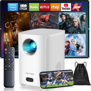 [Electric Focus] Projector with WiFi and Bluetooth, Native 1080P 15,000 Lumens 4K Supported, Agreago Outdoor Movie Projector for Home Theater UP to 300", for iOS/Android/TV Stick/HDMI/USB (White)
